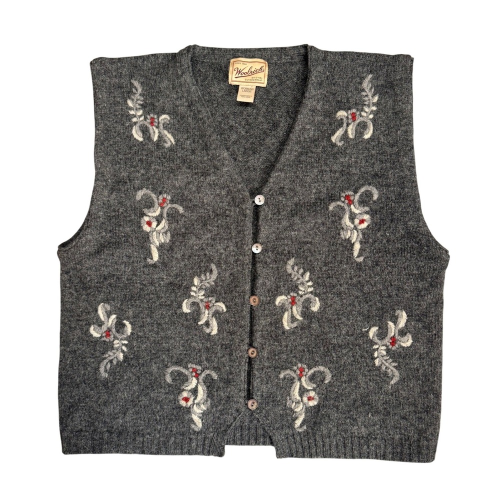 Woolrich Vintage Shetland Wool Embroidered Sweater Vest Charcoal Grey Large